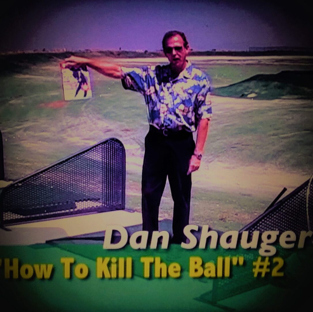 Man gesturing on a beach with text about golf instruction.