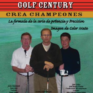 Three men posing with golf clubs on a golf course under a bright sky.