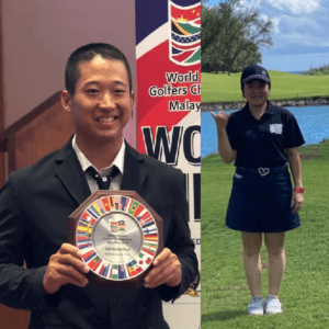 Two individuals posing in different outdoor settings, one with a clock and the other on a golf course.