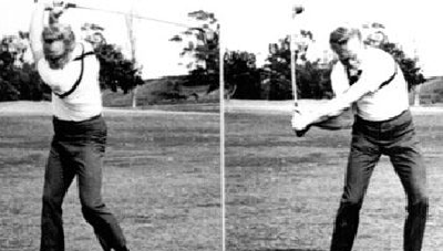 A vintage photo of a man playing golf with a club mid-swing.