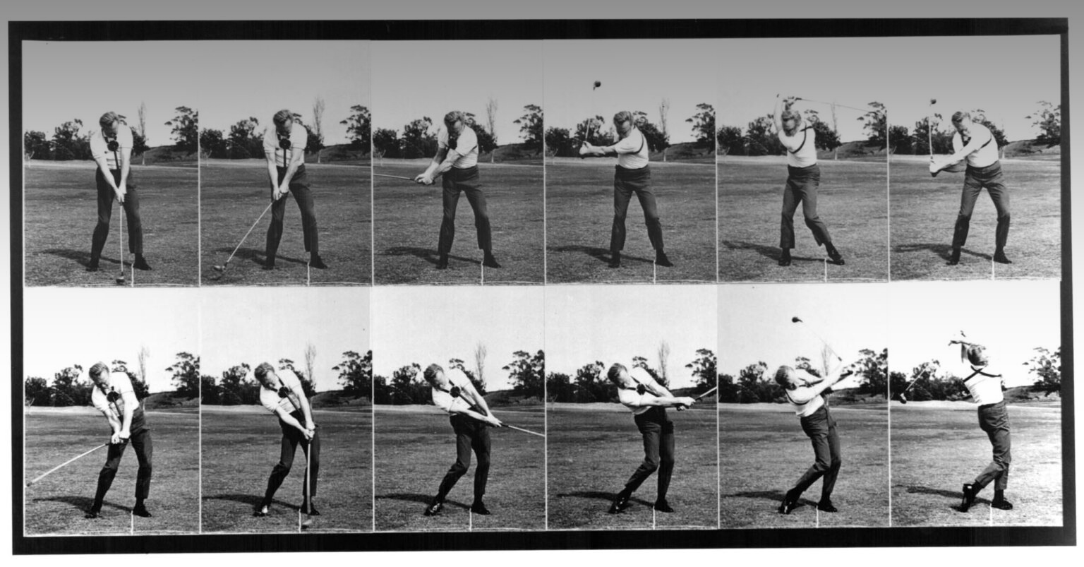 Sequence of a man swinging a golf club on a course.