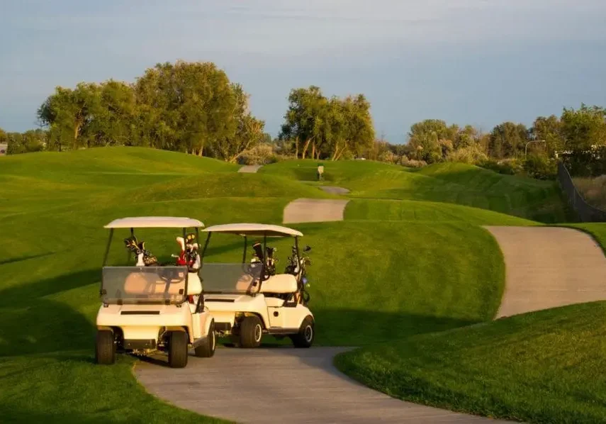 Two golf carts on a path at a green golf course.