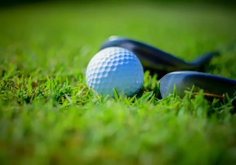 A golf ball on grass next to a golf club.